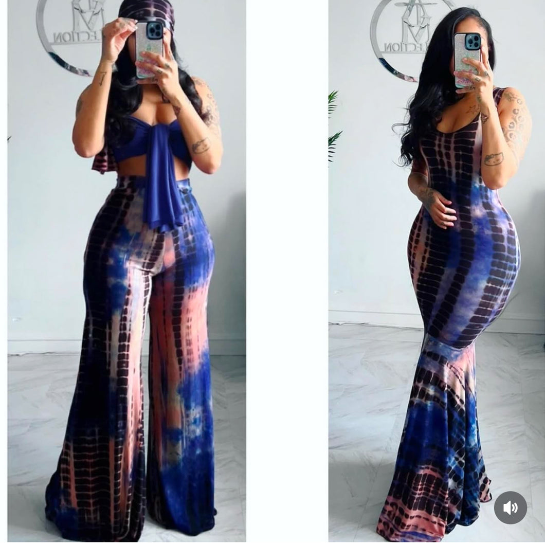 Tye dye print dress and 2pc pants set